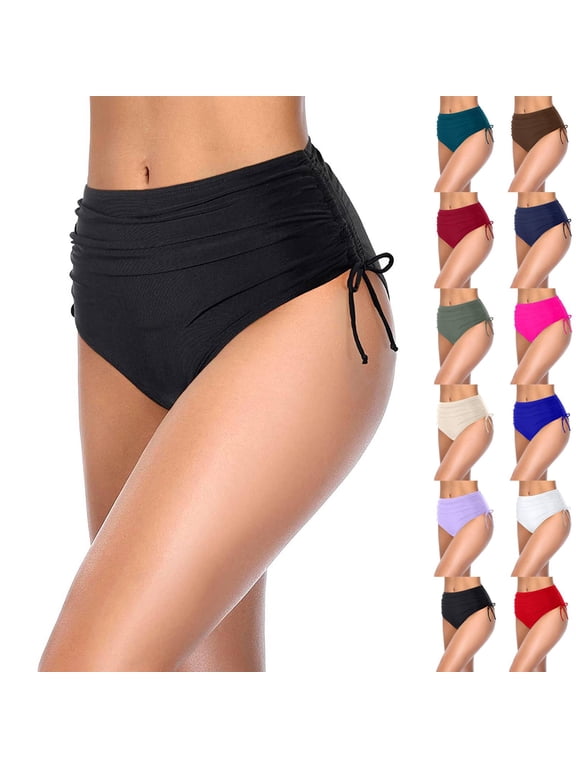 Women Bikini Bottoms Sexy Ruched Swim Bottom Swimsuit High Waist Half Coverage Tankini Shorts Black L