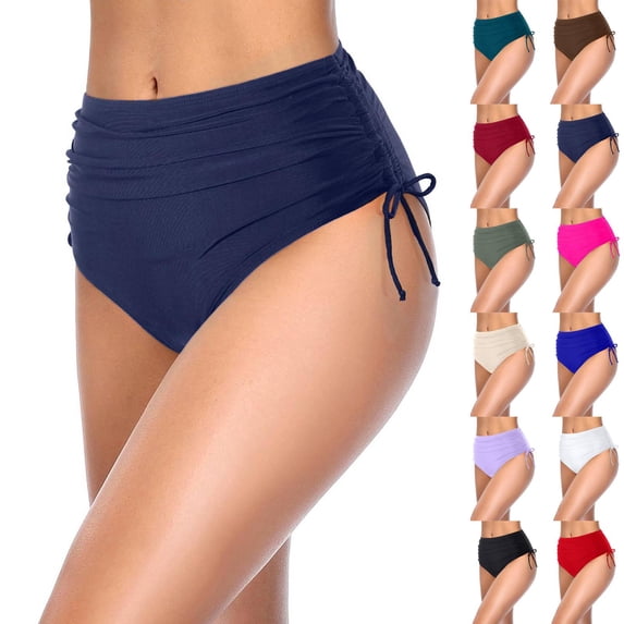 Women Bikini Bottoms Sexy Ruched Swim Bottom Swimsuit High Waist Half Coverage Tankini Shorts Navy M