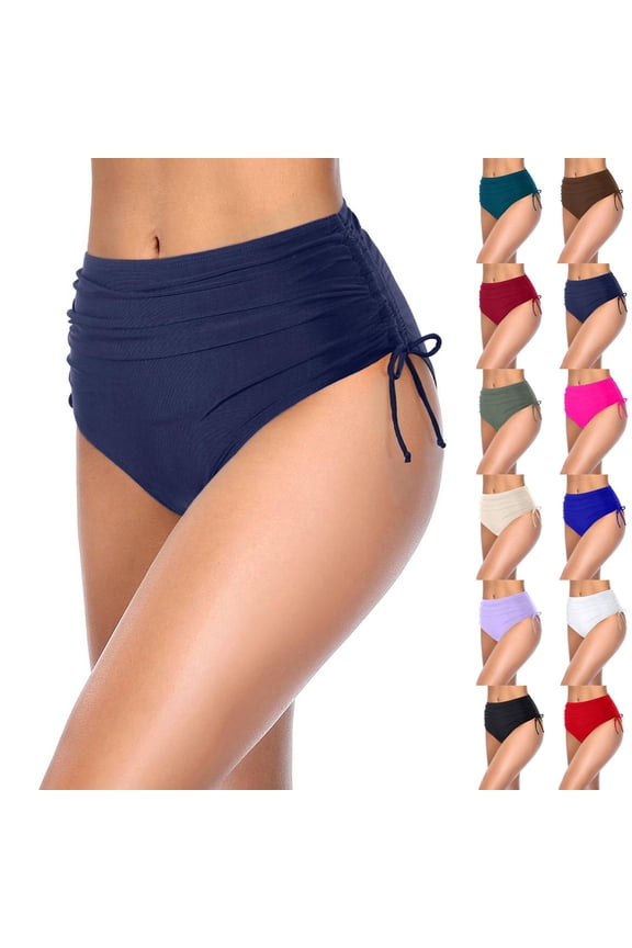 Women Bikini Bottoms Sexy Ruched Swim Bottom Swimsuit High Waist Half Coverage Tankini Shorts Navy M