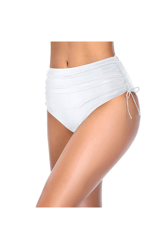 Women Bikini Bottoms Sexy Ruched Swim Bottom Swimsuit High Waist Half Coverage Tankini Shorts White M