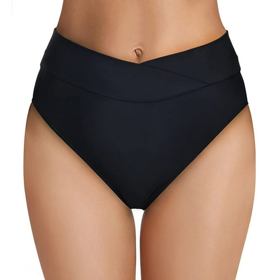 Women Bikini Bottoms Solid Color High Waisted Full Coverage Bathing Suit Lightweight Ruched Scrunch Swim Bottom Black L