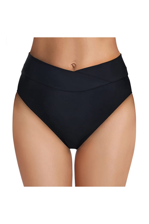 Women Bikini Bottoms Solid Color High Waisted Full Coverage Bathing Suit Lightweight Ruched Scrunch Swim Bottom Black S