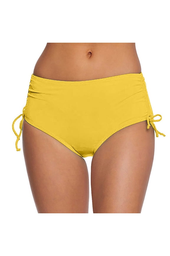Women Bikini Bottoms Tummy Control High Waisted Bathing Suit Comfortable Ruched Scrunch Swimsuit Bottom Yellow L