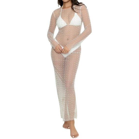 Women Bikini Cover Long Sleeve Dress with Pearl Decoration, See Through Skinny Version Clothing