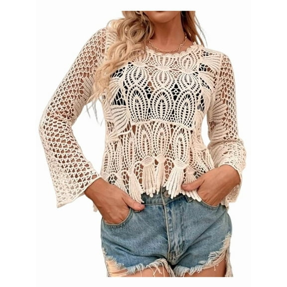 Women Bikini Cover Up See Through Crochet Top Hollow Out Bathing Suit Coverups Apricot One size