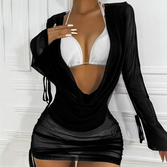 Women Bikini Draped Front Drawstring Knot Backless Mesh Cover Up Without Lingerie Mini Dress Beach Wrap Bikini Shiny Wraps Cover Ups For Swimwear plus Size Sarong Swimsuit Cover Ups for Women Button