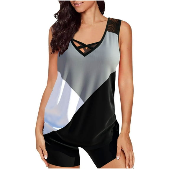 Women Bikini Print Strappy Back Set Two Piece Swimsuits Plus Size Bathing Suits Tankinis Swimwear(Dark Gray,2XL)