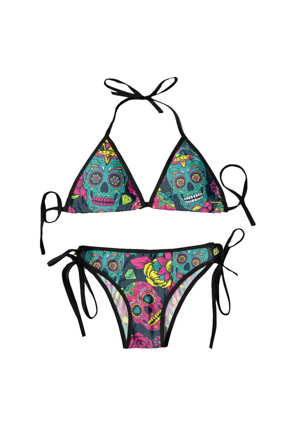 Women Bikini Set Bra Halter Thong Swimsuit Beachwear Bathing Day Of The Dead Colorful Sugar Skull With Floral Ornament