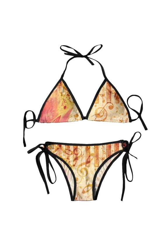Women Bikini Set Bra Halter Thong Swimsuit Beachwear Bathing Vintage Grunge Tulip And Music Notes