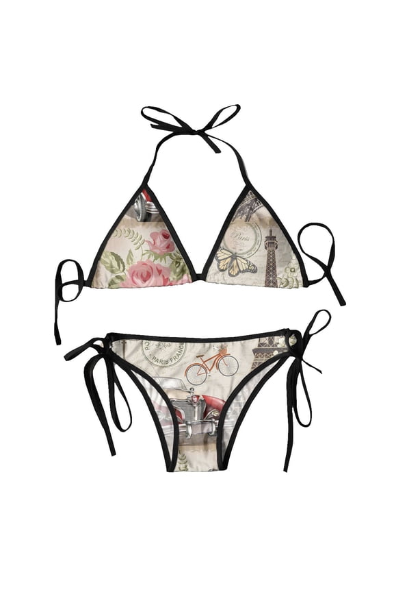 Women Bikini Set Bra Halter Thong Swimsuit Beachwear Bathing Vintage Paris Postcard