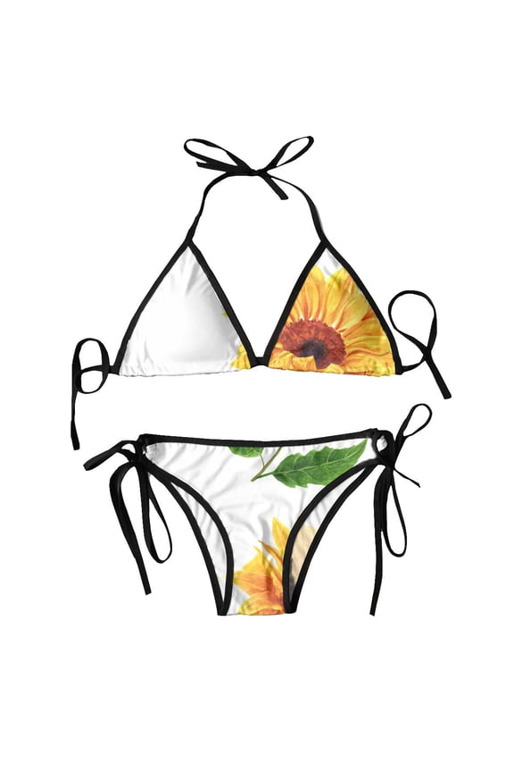 Women Bikini Set Bra Halter Thong Swimsuit Beachwear Bathing Watercolor Yellow Sunflower With Green Leaves