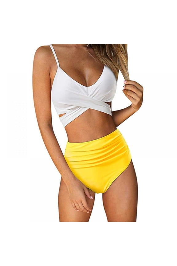 Women Bikini Set Criss Cross High Waisted String Floral Printed Sexy Solid Color 2 Piece Swim Suits