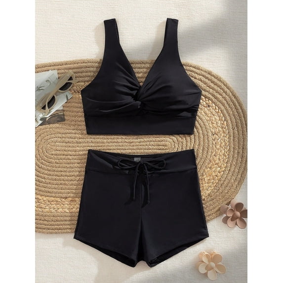 Women Bikini Set with Tie Side Boyshorts Two Piece Swimsuit High Waisted Bathing Suits Sexy Swimwear (Black, L)