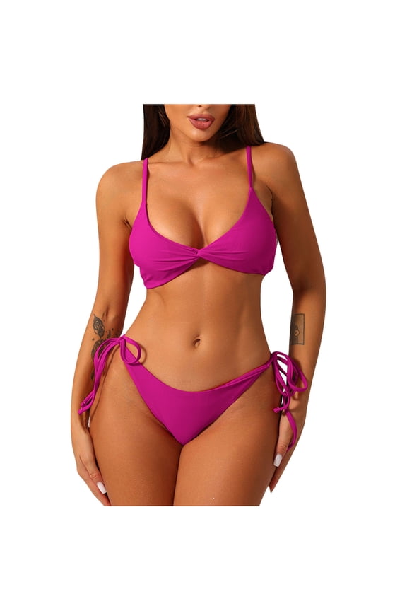 Women Bikini Sets Deep Vneck Bra Adjustable Straps Bathing Suit Side Lace-up Low Waisted Swimsuit