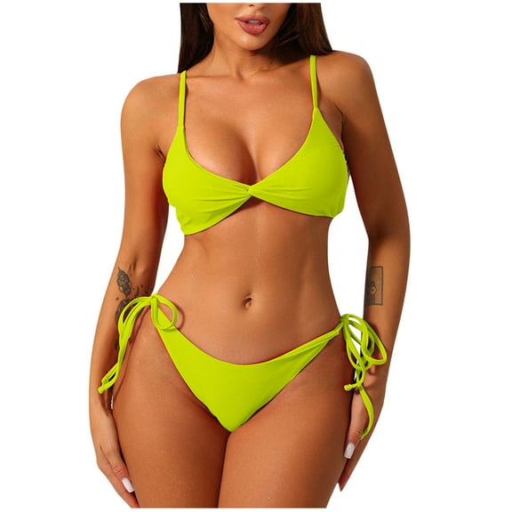 Women Bikini Sets Deep Vneck Bra Adjustable Straps Bathing Suit Side Lace-up Low Waisted Swimsuit