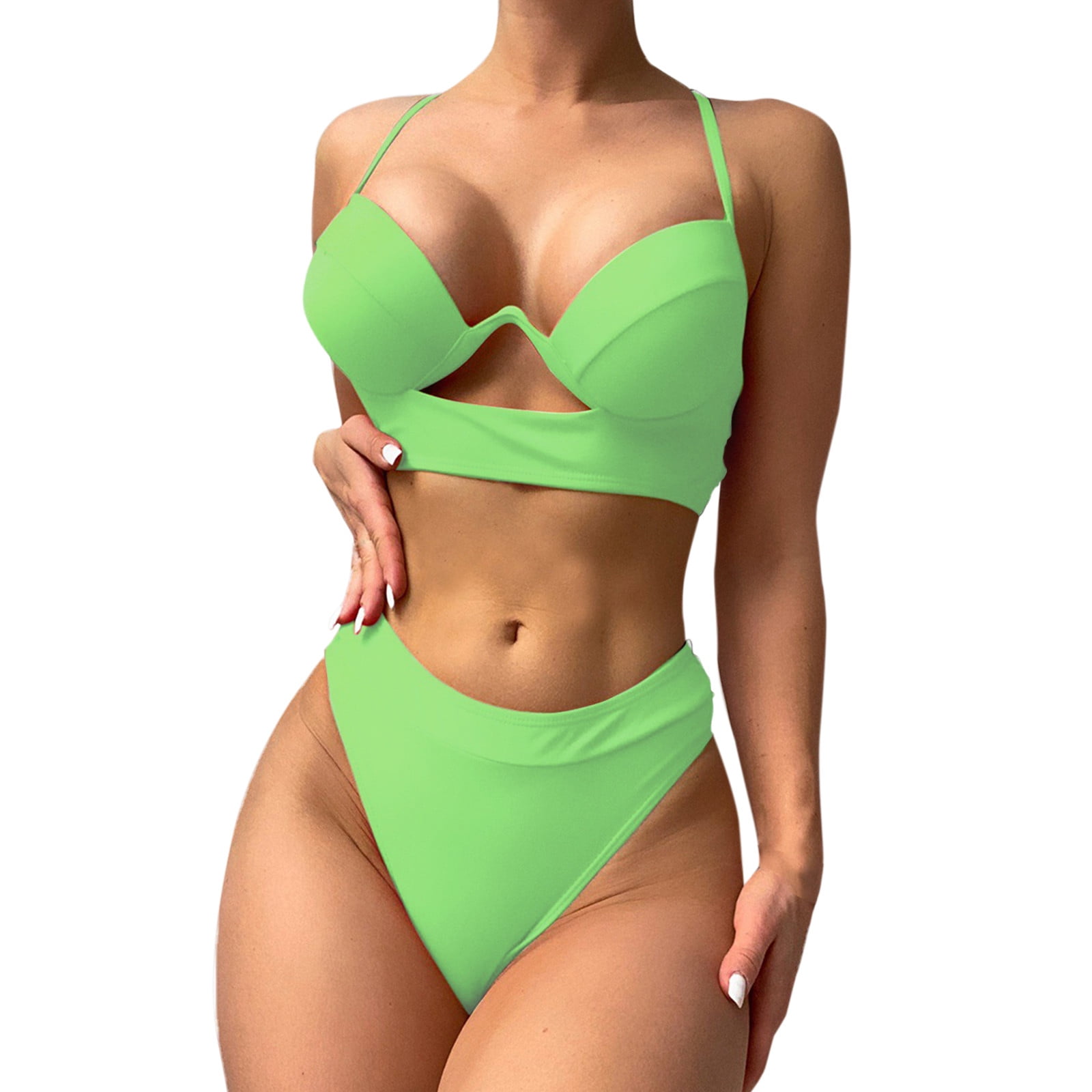 Women Bikini Solid Color Halter Neck Swimsuit Set Hollow High Waist Super  Soft Swim Vest Bathing Suit with Underwire Bra Support Swimsuit with