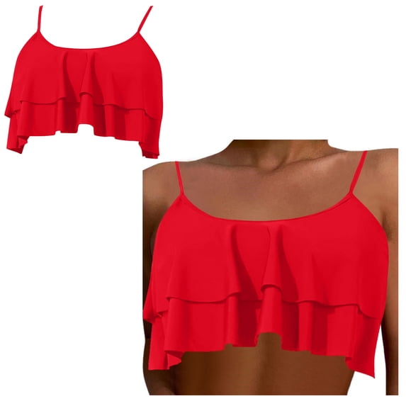 Women Bikini Top Padded Scoop Neck Swim Bathing Bra Ruffle Women's Swim Tops Red Bikini Tops