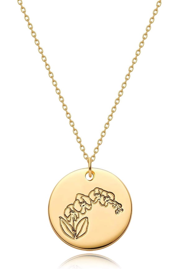 Women Birth Flower Necklace Gold Coin Engraved Disc 12 Month Flower Bouquet Pendant 14K Gold Plated Dainty Chain Personalized Floral Jewelry Birthday Gift[o5717]