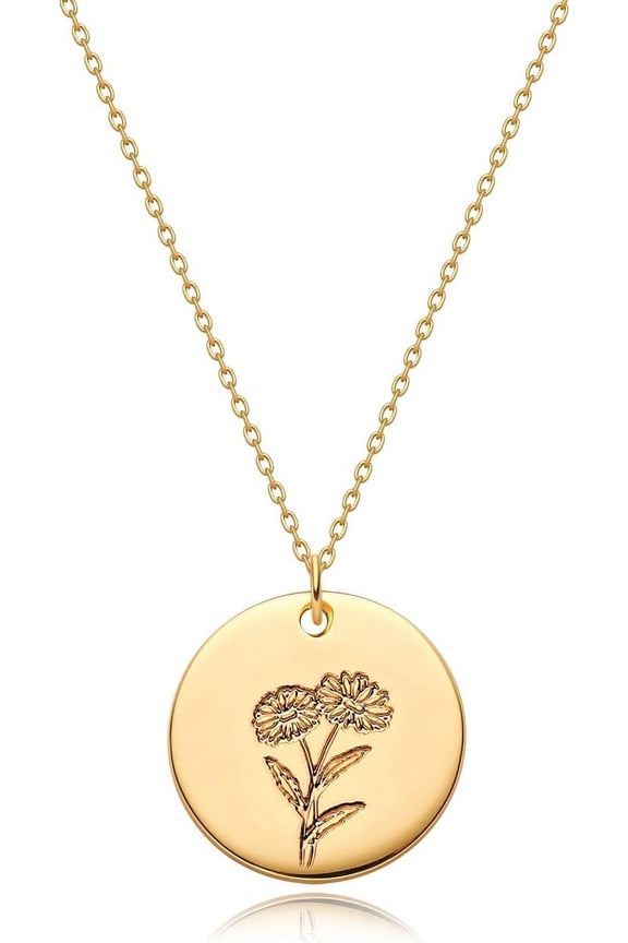 Women Birth Flower Necklace Gold Coin Engraved Disc 12 Month Flower Bouquet Pendant 14K Gold Plated Dainty Chain Personalized Floral Jewelry Birthday Gift[o5719]