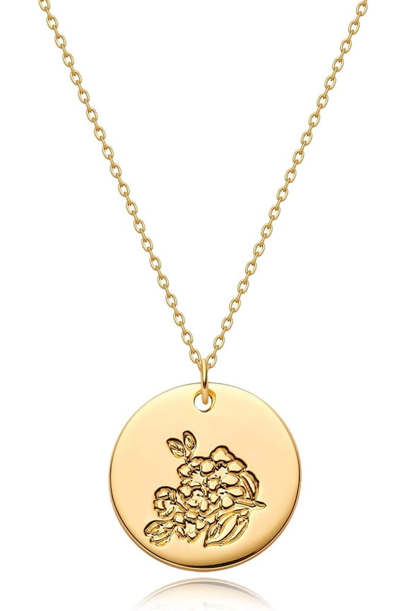 Women Birth Flower Necklace Gold Coin Engraved Disc 12 Month Flower Bouquet Pendant 14K Gold Plated Dainty Chain Personalized Floral Jewelry Birthday Gift[o5710]