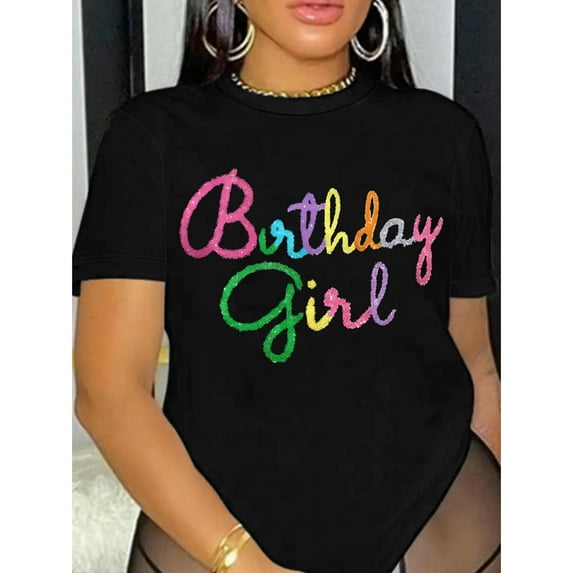 Women Birthday Celebration Graphic Tee Top Colorful Print Breathable Crew Neck Short Sleeve Black S-5XL