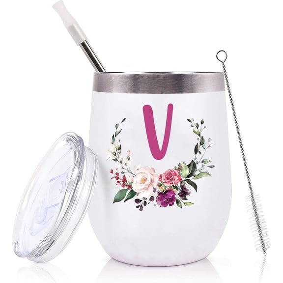 Women Birthday Christmas Gift-Wedding Gift for Maid of Honor From Bride-Bridal Shower Gift for Bridesmaid Best Friend Sister-Bachelorette Gift-12oz Monogrammed Tumbler Wine Coffee Mug-Initial Letter V