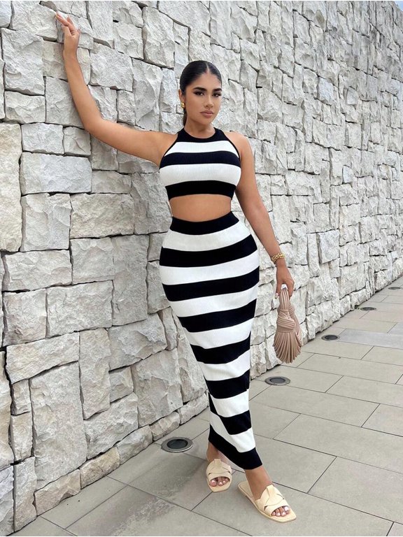 Women Black And White Horizontal Stripe Knit Crop Top And Long Skirt Set
