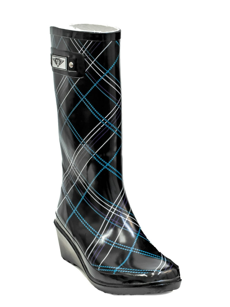 Women Black/Blue Plaid Rubber Rain Boots, Wedge Heel Design w
