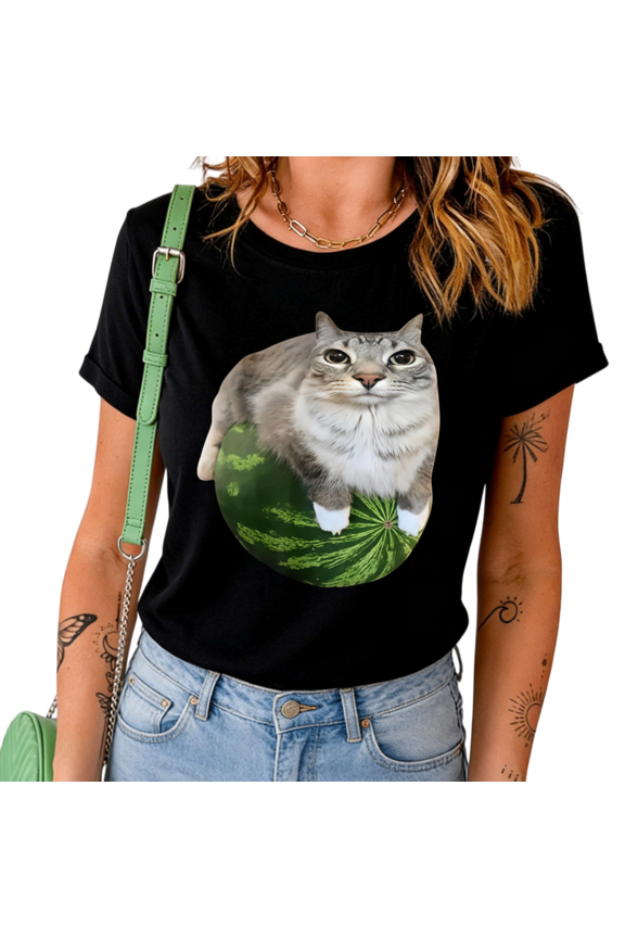 Women Black Cat Lying On Watermelon Print Tshirt Graphic Tees Shirts Summer Fruit Lover Cat Mom Casual Vacation Beach Weekend Tops S-5XL