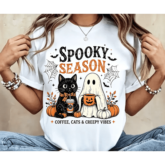 Women Black Cat Print Graphic T‑Shirt, Crew Neck Short Sleeve Women T shirt, Casual Halloween T shirt