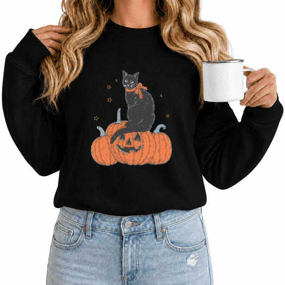 Women Black Cat Pumpkin Halloween Print Sweatshirt Crewneck Pullover Cute Retro Shirt