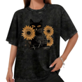 thumbnail image 1 of Women Black Cat Sunflower Graphic Tees T Shirt Tops Round Neck Printed Cotton Washed T Shirt Black S-2XL Plus Size, 1 of 5