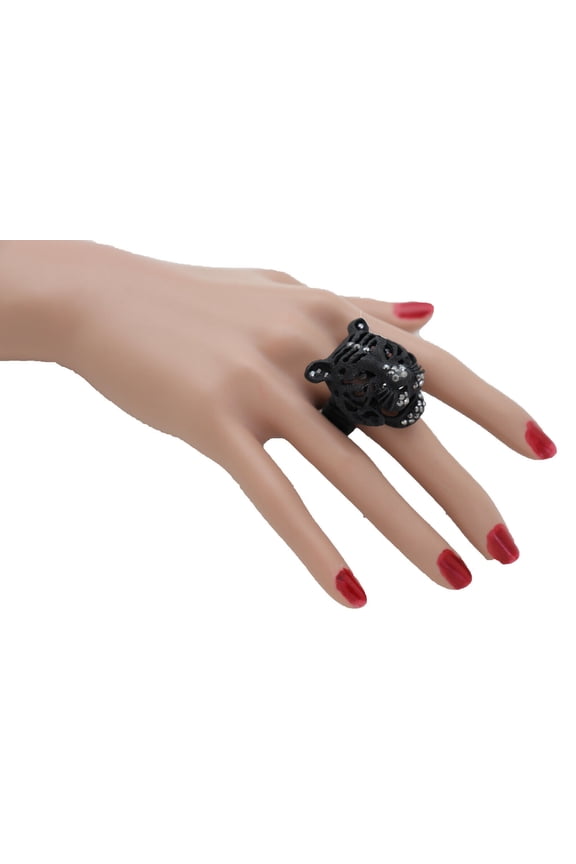 Women Black Color Metal Fashion Ring Elastic Band Jewelry Tiger Safari Panther