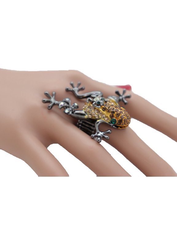 Women Black Color Ring Metal Fashion Gold Frog Animal Jewelry Stretch Band