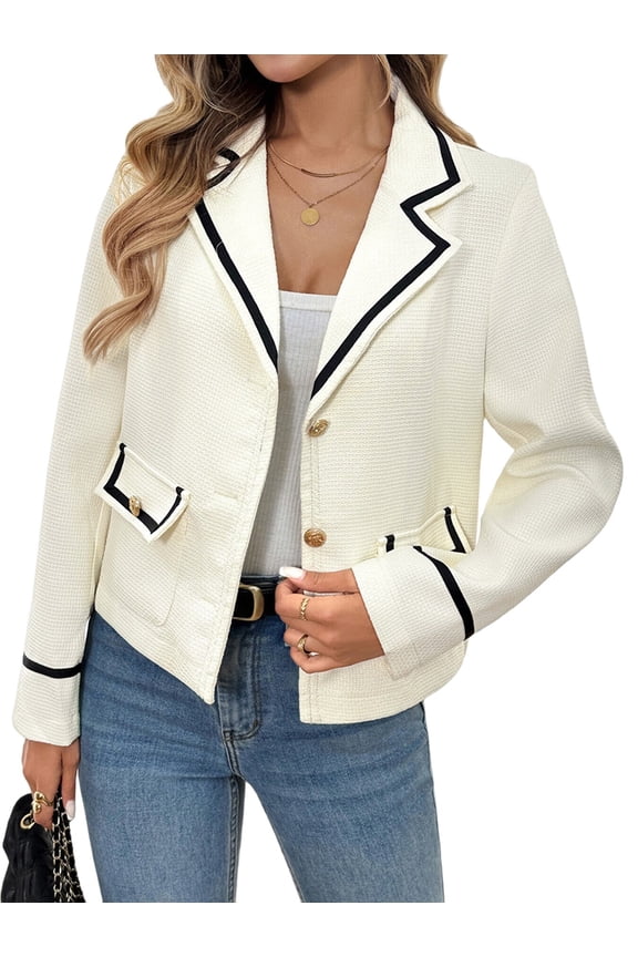 Women Black Contrast White Blazer Double Breasted Slim Casual Long Sleeve Fashion Office Jacket with Pockets Beige XL