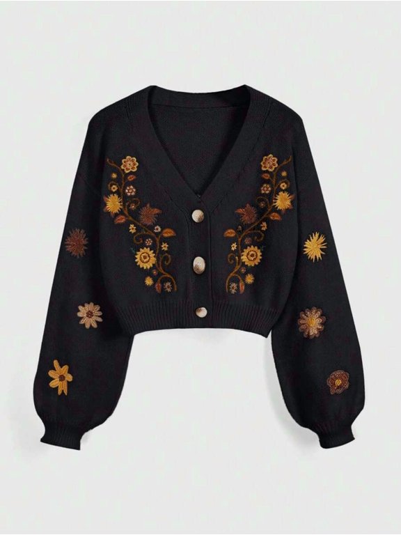 Women Black Cottagecore Bohemian V-Neck Embroidered Floral Long Sleeve