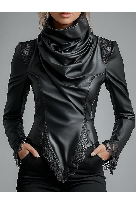Women Black Cowl Neck PU Leather Blouse with Lace Trim Long Sleeve Form Fitting Top