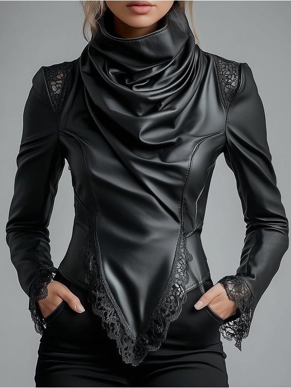 Women Black Cowl Neck PU Leather Blouse with Lace Trim Long Sleeve Form Fitting Top