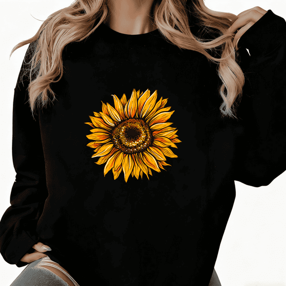 Women Black Crewneck Sweatshirt Shiny Sunflower Graphic Soft Casual Vibrant Daily Tops S-3XL