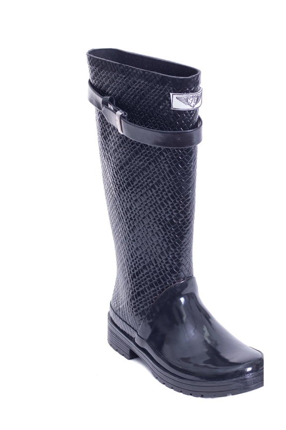 Women Black Croco Rider Rubber Rain Boots