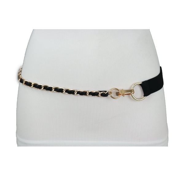 Women Black Elastic Band Belt Gold Metal Chain S M