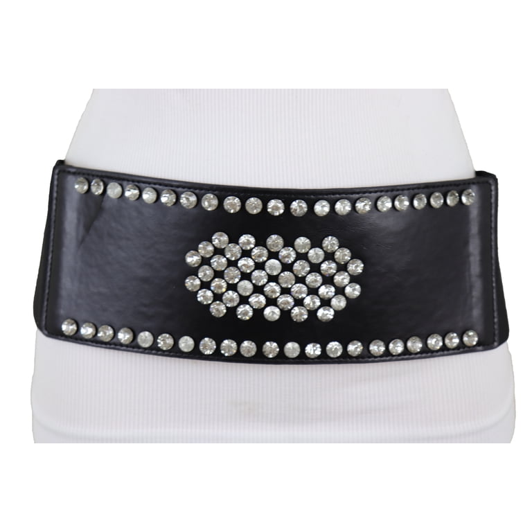 Women Black Elastic Wide Band Fashion Belt Silver Shield M L  display picture 1