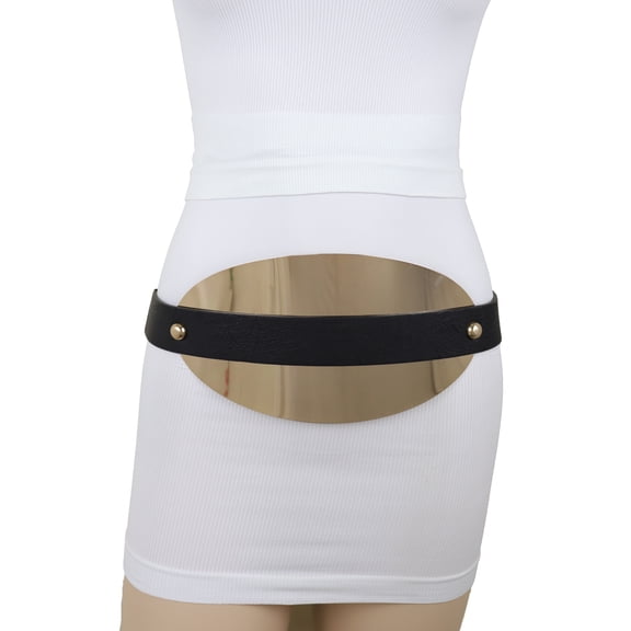 Women Black Elastic Wide Fashion Belt Oval Gold Metal Plate S M