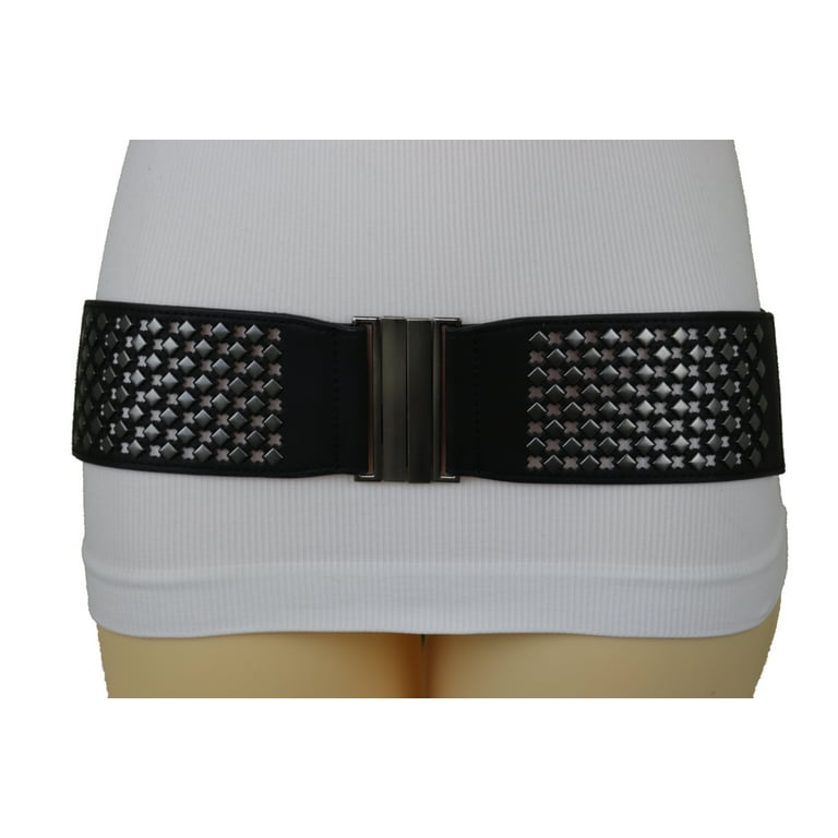 Women Black Faux Leather Elastic Belt Silver Metal Studs Holes S M
