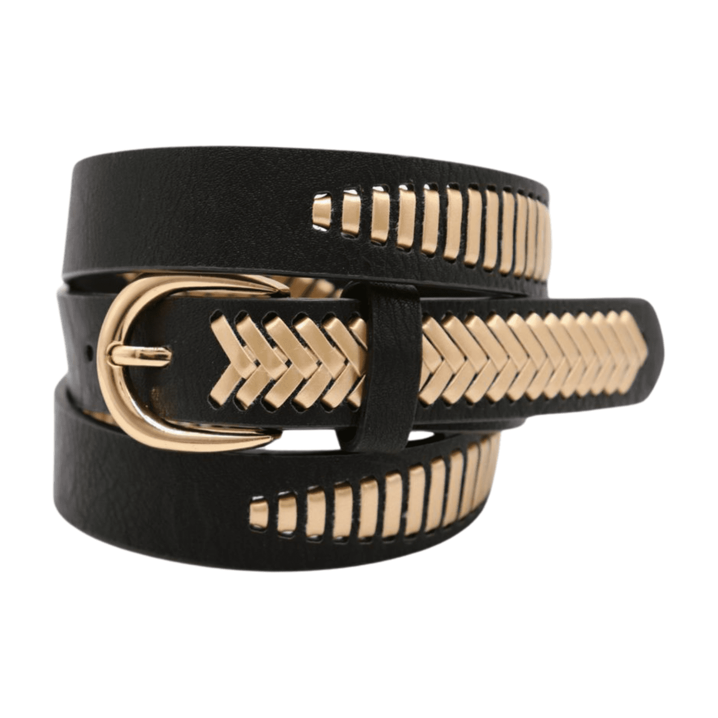 Women Black Faux Leather Gold Weave Braide Belt Gold Buckle  display picture 3