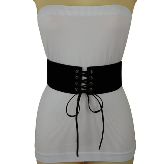 Women Black Faux Suede Leather Elastic Corset Belt S M
