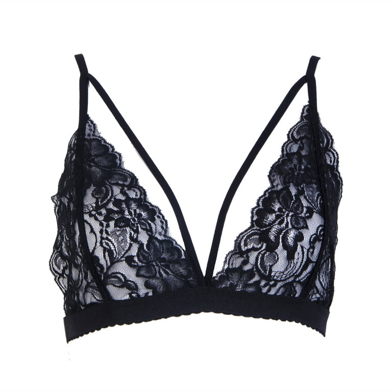 Women Black Floral Sheer Lace Triangle Bralette Non Padded Bra