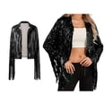 thumbnail image 1 of Women Black Fringe Jacket Long Sleeve Womens Fringe Jacket Sparkly Womens Top, 1 of 4