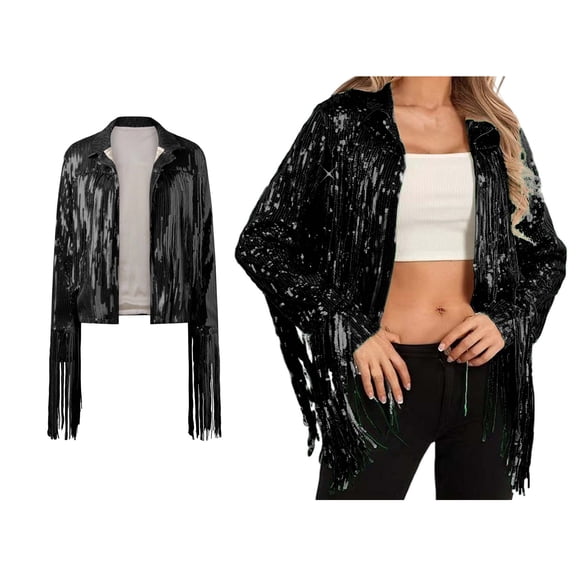 Women Black Fringe Jacket Long Sleeve Womens Fringe Jacket Sparkly Womens Top