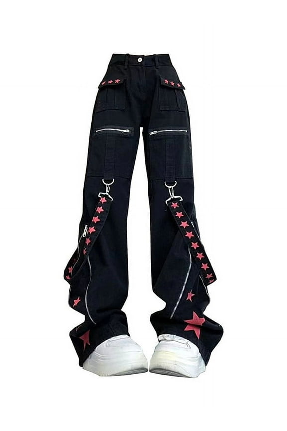 Women Black Gothic Baggy Cargo Jeans Harajuku Vintage Y2k Denim Trousers Cowboy Pants 90s Aesthetic Trashy Emo 2000s Clothes New